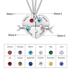 Personalized Heart-Shaped 4 Names And 4 Birthstone Friendship Necklace is made up of stainless steel and is silver in color. It has a long chain along with a pendant, each pendant has one part of heart-shape and can be customized by engraving a name on it along with a birthstone. When all these four parts are joined together, it makes a perfect heart-shape. It is an ideal gift for a group of four friends as each can have one necklace with their names on it. Features: Metals Type: Stainless Steel Friendship Necklaces For 4, Mom Gifts Jewelry, Birthday Sleepover, Bff Necklaces, Moving Gifts, Best Friend Necklaces, Family Necklace, Heart Shaped Necklace, Friendship Necklaces