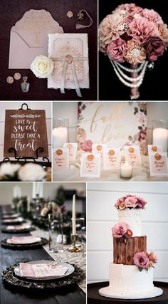 a collage of photos with flowers, candles and other items on the table for a wedding