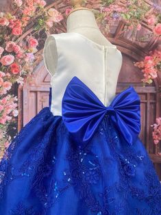 Embroidery Royal Blue Satin Ivory Knee Length Dress Junior Infant Flower Girl Holiday Spring Summer Fall Winter Christmas Easter Birthday - Etsy Blue Floral Applique Gown For Party, Fitted Embroidered Princess Dress For Party, Embroidered Fitted Princess Dress For Party, White Sleeveless Princess Dress For Christmas, Elegant Blue Princess Dress For Baptism, Blue Floral Applique Wedding Gown, Blue Floral Applique Wedding Dress, Sleeveless Embroidered Princess Dress For Party, Sleeveless Ball Gown For Christmas Wedding