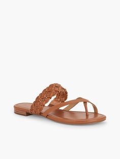 Gia Braided Sandals. Our warm weather-ready sandals in faux nappa leather with gorgeous braided straps. Slide on and go. Features Round Toe 1/2" Heel height Memory foam footbed Imported Material: 100% Polyurethane | Gia Braided Sandals Talbots Braided Sandals, Modern Classic Style, Classic Style Women, Braided Strap, Sandals For Sale, Slide On, Box Gift, Sandal Fashion, Nappa Leather