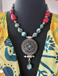 Tibetan Ghau Gau Turquoise &  Red Coral Vintage Nepalese Boho handmade Necklace.  | eBay Red Bohemian Necklace With Large Pendant, Traditional Multicolor Handmade Turquoise Necklace, Traditional Multicolor Turquoise Necklace As A Gift, Handmade Traditional Turquoise Necklace, Handmade Turquoise Traditional Necklace, Traditional Turquoise Necklace With Round Beads, Traditional Turquoise Necklace With Large Pendant, Traditional Turquoise Necklace With Large Pendant As Gift, Handmade Multicolor Turquoise Necklace