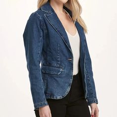 Denim blazer jacket, long sleeve with button closures, seams & center back vent, flap pockets & darts for shape support. Dark wash denim on standard fit. Body length from HPS: 26", Sleeve length: 24", Bust: 36" (Size Small) 99% COTTON 1% SPANDEX Machine wash cold, Tumble dry low. Classic Medium Wash Blazer With Button Closure, Classic Long Sleeve Denim Jacket With Double Button Closure, Classic Denim Blue Spring Blazer, Classic Denim Blue Blazer For Spring, Denim Notch Lapel Outerwear With Button Closure, Single-breasted Cotton Denim Jacket With Notch Lapel, Denim Outerwear With Notch Lapel And Button Closure, Single Breasted Cotton Denim Jacket With Notch Lapel, Single Breasted Denim Blazer With Notch Lapel