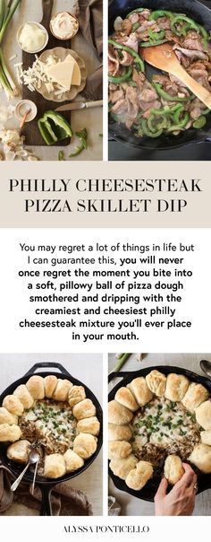 an advertisement for the philadelphia cheese steak pizza skillet dip