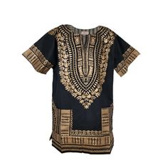 "Black and Gold Traditional African Print Dashiki Shirt 100% Cotton Vibrant colors. length is approximately between 32 - 35\" depending on size Hat not included Colors include - Black and Gold Size: XL.  Gender: male.  Age Group: adult." Diverse Body Types, African Dashiki Shirt, Black Diaspora, African Kaftan, African Print Shirt, African Suit, Dashiki Shirt, Flower Print Shirt, African Dashiki