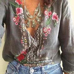 Color Block Blouse, Bohemian Tops, Top Shirt Women, Boho Shirts, Bohemian Floral, Embroidery Fashion, Casual Tops For Women, Loose Tops, Boho Casual