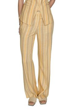 Variegated stripes and buttery hues animate these summery pants cut from a linen-kissed fabric. Zip fly with button closure Cotton lining 85% viscose, 15% linen Dry clean or machine wash, line dry Imported Stripe Pants, Pastel Yellow, Striped Pants, Bottoms Pants, Womens Bottoms, Mango, Size 2, Nordstrom, Dry Clean