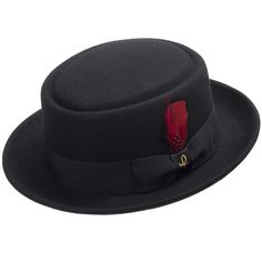 The classic pork pie hat, remade for today's man. 100% wool felt construction, with a genuine feather accent, and the quintessential flat top and circular indentation that sets this style apart. Riff is just the topper needed for an evening out at the billiard hall, or drinks at the speakeasy. Be the center of attention at a party, or catch a concert zoot-suit style, and let your attitude shine. Dance to your own tune andmake your statement. Classic Brimmed Boater Hat For Winter, Flat Brim Top Hat For Derby In Winter, Classic Winter Boater Hat With Curved Brim, Formal Wool Hat Bands For Winter, Winter Formal Wool Hat Bands, Classic Winter Cloche Hat, Classic Wool Felt Hat For Winter, Winter Derby Fedora Hat, Classic Wool Hats For Derby