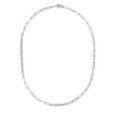 Sterling Silver Polished Flat Paperclip Chain Necklace - 24" Elongated ovals make the paperclip chain an elevated and modernized take on traditional cable-link styles.       Approx. 24"L x 1/8"W     Stamped .925; sterling silver; rhodium plating; 12.80 grams     Lobster-claw clasp Modern Silver Chain Necklace With Rectangular Links, Modern Silver Chain Necklace With Link, Modern Silver Chain Link Necklace, Modern Link Chain Necklace For Formal Occasions, Modern Chain Link Necklace For Formal Occasions, Silver Oval Paperclip Chain Necklace, Modern Metal Chain Necklace With Oval Link, Classic Silver Chain Necklace With Rectangular Links, Silver Chain Necklace With Rectangular Links