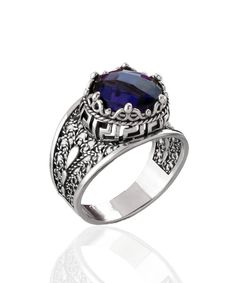 Introducing our stunning everyday use, lace embroidery Greek Key sterling silver filigree art crown cocktail ring, featuring a mesmerizing amethyst gemstone. Measuring 0.47" / 12.00 mm in size, this double-sided faceted checkerboard round-cut amethyst gemstone is the perfect centerpiece for this elegant ring. As the February birthstone, amethyst gemstone would make the ideal gift for special occasions such as birthdays, anniversaries, thanksgiving, summer, valentine's day, or mother's day, and f Art Crown, Alexandrite Gemstone, The Ring Face, Art Ring, Silver Cocktail, Silver Polish, Sister Wife, Anniversary Gifts For Wife, Sterling Silver Filigree