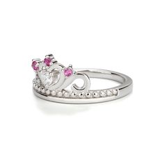 Sterling Silver baby ring with princess tiara accented with pink CZs. This makes a fun ring for your little princess! These high-quality rings are rhodium plated to prevent tarnish for little girls, toddlers, and kids. They are great pinky rings as well. This children's ring comes in a beautiful black velvet heart-shaped box. and is rhodium plated for everlasting quality and is available in sizes 2, 3, 4, and 5. Matching necklace available as well. Ring Sizing: https://cherishedmomentsshop.com/p Personalized Pink Ring For Birthday, Personalized Pink Birthday Ring, Princess Style Cubic Zirconia Wedding Jewelry, Pink Princess Jewelry For Wedding, Princess Style Jewelry With Crown Design, Pink Cute Rings For Anniversary, Cubic Zirconia Birthstone Ring For Birthday, Pink Cubic Zirconia Stackable Rings For Anniversary, Pink Birthstone Ring For Birthday