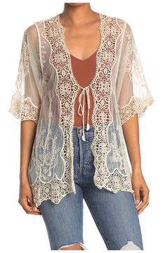 Free shipping on orders over $89. Shop FORGOTTEN GRACE Crochet Trim Tie Front Kimono at Nordstromrack.com. A delicate crochet trim accents this 3/4 sleeved kimono with a mesh construction and a tie front finish. Novelty Crochet, Crochet Trim Top, Pretty Tops, Boho Style Outfits, Trim Top, Ladies Clothing, Crochet Trim, Cool Clothes, Kimonos