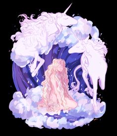 a drawing of a woman sitting in the clouds with two unicorns on her back