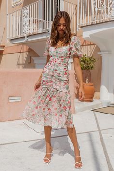 Summer Women Square Collar off-the-Shoulder Short Sleeve Pleating Chiffon Patchwork Printed Dress - Multi,XS Red Lace Midi Dress, Printed Summer Dresses, Pleated Maxi Dress, Vacation Dresses, Evening Gowns Formal, Summer Fashion Outfits, Print Style, Lace White Dress, For A Reason