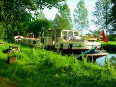 there is a boat that is docked on the water in the grass near some trees