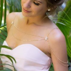 Deco Motif Shoulder Necklace - Amy O. Bridal Accesories Jewelry For Off Shoulder Dress, Wedding Shoulder Jewelry, Strapless Dress Necklace, Shoulder Necklaces, Bridal Body Jewelry, Bra Chain, Pagan Wedding, Shoulder Jewelry, Gold Body Chain