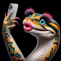 a colorful snake holding up a cell phone