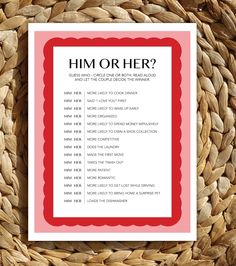 a card with the words him or her written on it in red and white lettering