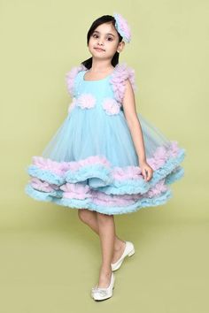 Blue and pink ruffled flutter sleeves dress crafted in net with tulle bloom, pearl embellishments and ruffles detail on the hem. Comes with a co-ordinating hair pin. - Aza Fashions Cute Princess Dress With Ruffles For Dress-up, Whimsical Princess Dress With Ruffles For Dress-up, Playful Pink Ruffled Dresses, Playful Ruffled Tutu Dress For Dress-up, Spring Dress-up Ruffled Dress, Spring Ruffled Dress For Dress-up Occasions, Whimsical Princess Dress With Ruffles For Spring, Whimsical Spring Princess Dress With Ruffles, Spring Ruffled Skirt Dress For Dress-up