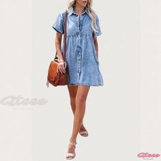 Qteee - Loose Fit Denim Collar Dress with Ruffled Hem - Short Length Relaxed Fit Short Sleeve Denim Dress, Relaxed Fit Short Sleeve Denim Dress For Day Out, Casual Medium Wash Denim Dress, Short Sleeve Cotton Denim Dress For Day Out, Cotton Denim Dress With Short Sleeves For Day Out, Casual Short Sleeve Denim Mini Dress, Trendy Medium Wash Short Sleeve Mini Dress, Trendy Denim Mini Dress With Short Sleeves, Trendy Medium Wash Mini Dress With Short Sleeves