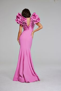 Jovani 40663 Fall 2024 evening collection dress. Chic Pink Evening Dress For Gala, Luxury Ruffled Evening Dress For Prom, Fitted Feminine Evening Dress For Gala, Pink Evening Dress For Formal Occasions, Elegant Pink Evening Dress For Gala, Elegant Pink Gala Evening Dress, Gala Evening Dress With Ruffles, Luxury Spring Evening Dress With Fitted Bodice, Chic Pink Evening Dress