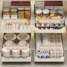 an organized kitchen drawer filled with dishes and utensils, labeled just pull it out