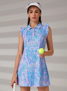 Blue Flower Printed Sleeveless Polo Tennis Dress Casual Short Sleeve Tennis Dress For Summer, Fitted Short Sleeve Tennis Dress For Summer, Casual Sleeveless Tennis Dress, Summer Short Sleeve Tennis Dress, Fitted Tennis Dress For Pickleball In Spring, Fitted Tennis Dress For Spring Pickleball, Casual Sleeveless Tennis Dress For Beach, Sleeveless Tennis Dress For Spring, Sleeveless Spring Tennis Dress