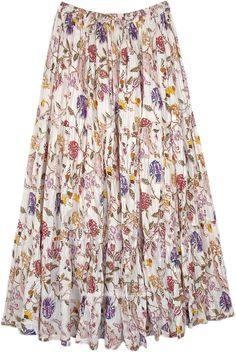 This summerish long maxi skirt is crafted from breathable cotton, providing both comfort and style.  The skirt features a lush floral print with a diverse range of blooming flowers and foliage in shades of purple, red and yellow on a white background, imparting a vibrant, nature feel. #tlb #Crinkle #TieredSkirt #vacationclothing #Floral #Printed #XLPlus #MaxiSkirt #TieredSkirt #FloralSkirt Relaxed Tiered Maxi Skirt For Garden Party, Bohemian Full Maxi Skirt For Spring, Tiered Maxi Skirt For Garden Party, Bohemian Floral Print Maxi Skirt For Spring, Spring Floral Print Maxi Skirt, Floral Print Long Maxi Skirt For Spring, Spring Floral Print Full Maxi Skirt, Floral Print Flared Maxi Skirt For Garden Party, Summer Maxi Skirt For Garden Party