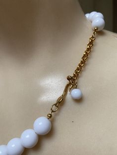 "You must have at least one set of white jewelry just for summer. White pearls don't count. I'm talking fun stuff. Necklace is signed Napier and earrings signed Trifari. Necklace will extend from 16 to 18\" with a hook clasp. Largest front beads are about 18 and 20mm round. They continue to be fairly big at about 10mm near clasp. Earrings are clip backs marked Trifari. Big look at 3\" but the largest section is against the earlobe. Not heavy anyway but I think the largest bead at top is a good i White Pearl Chain Jewelry For Party, Classic White Pearl Charm Jewelry, Modern Round Pearl Chain Jewelry, Classic White Pearl Chain Jewelry, Modern Pearl White Jewelry With Pearl Drop, White Dangle Necklace For Party, White Pearl Charm Necklace For Party, Classic White Jewelry With Polished Beads, White Dangle Pearl Necklace For Gift