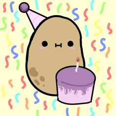 a potato with a birthday hat holding a cupcake in front of it's face