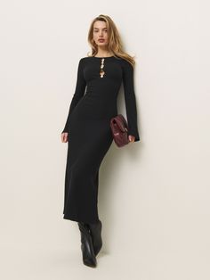 Big easy. Shop the Hayden Knit Dress from Reformation, a long-sleeve knit maxi dress with a crew neckline and keyhole cutouts along the bust. Long Sleeve Black Dress Outfit, Long Sleeve Knit Maxi Dress, Long Sleeve Black Dress, Black Dress Outfit, Warm Dress, Sleeve Black Dress, Time Clothes, The Reformation, Knit Maxi Dress