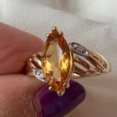 Beautiful Vintage Ring In Solid 14k Yellow Gold ( Stamped And Also Tested) , With A Marquise Cut Natural Citrine Stone And Tiny Diamond Chips. Citrine Stone Is Approx.12mm Long By6mm Wide. It Is A Size 7 On Ring Mandrel And Weights 3.20 Grams. Very Solid Made, Stunning Golden Color, Truly Gorgeous Ring! Citrine Marquise Ring, Classic Yellow Gold Topaz Ring With Gemstone Accents, Fine Jewelry Marquise Cut, Classic Marquise Topaz Ring For Gift, Yellow Marquise Rings For Anniversary, Elegant Yellow Marquise Jewelry, Gold Marquise Topaz Ring For Anniversary, Oval Diamond Ring For Collectible, Oval Diamond Ring For Collectors