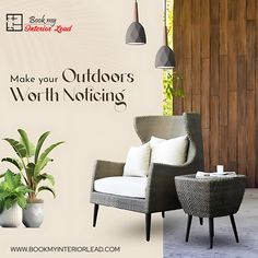 an advertisement for outdoor furniture is shown in front of a wooden wall and planter