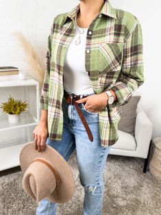 The perfect Oversized Fall Flannel to pair with leggings or your favorite pair of jeans, designed with versatility, and comfort. Details: Oversized Flannel Midweight Single Left Side Pocket Roll-Up Sleeve Detail Comfy Casual Fall Flannel Shirt With Buttons, Green Relaxed Fit Flannel Shirt For Fall, Green Flannel Shirt With Button Closure For Fall, Green Flannel Shirt With Buttons For Fall, Green Flannel Shirt For Fall, Trendy Winter Flannel Shirt With Buttons, Trendy Winter Flannel Shirt, Trendy Flannel Shirt For Fall, Trendy Fall Flannel Shirt With Buttons