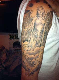 Sleeve Tattoos Pictures As Tattoo Ideas For Christian Tattoos Pictures ... Half Sleeve Tattoos Lower Arm, Easy Half Sleeve Tattoos, Religious Tattoo Sleeves, Black Men Tattoos, Angel Tattoos, Girl Arm Tattoos