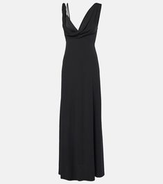 Twist draped crêpe jersey maxi dress in black - Toteme | Mytheresa Pre-draped Maxi Dress With Side Slits, Formal Pre-draped Maxi Dress With Cowl Back, Chic Draped Rayon Dresses, Pre-draped Maxi Dress With Cowl Back For Gala, Maxi Length Evening Dress With Ruched Bodice For Dinner, Pre-draped Cowl Back Maxi Dress For Evening, Sleek Ruched Maxi Dress For Formal Occasions, Sleek Formal Maxi Dress With Ruched Details, Sleek Formal Ruched Maxi Dress