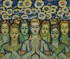 a painting of many women with their hands together in front of sunflowers and blue sky