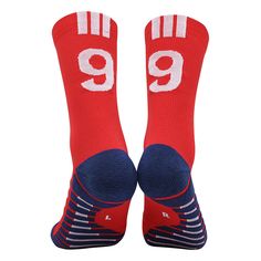 two red socks with the number nine on them, one is blue and the other is red