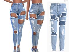 two women in ripped jeans with holes on them