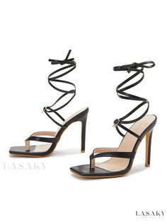 Lasaky - Stylish Square Toe Stiletto Heel Sandals: Premium PU Leather Womens Heel Sandals Elegant Open Toe Lace-up Sandals With Strap, Adjustable Lace-up Open Toe Sandals For Party, Synthetic Ankle Strap Lace-up Sandals For Party, Adjustable Single Toe Strap Party Heels, Adjustable Heels With Single Toe Strap For Party, Adjustable Single Toe Strap Heels For Party, Elegant Adjustable Lace-up Sandals For Evening, Adjustable Lace-up Sandals With Single Toe Strap For Party, Chic Adjustable Heels For Party