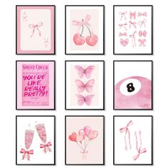 six pink cards with different designs and words on them, each one has a heart shaped balloon