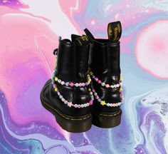 ✨ Custom beaded boot charm bracelets for your Dr. Martens or any kind of lace-up boot! ✨ In the personalization box, please specify four different words or numbers & the placement of each. We will create a unique pair of rainbow charm bracelets that are customized to you! (We recommend choosing words or numbers 10 characters or less, so each strand is similar in length.)  ✨Your bracelets will come in a randomized rainbow beaded pattern, as well as the color of the letters/numbers. Don't worry th Shoes Jewelry, Platform Doc Martens, Purple Scrunchie, Thrift Flip Ideas, Rave Shoes, Punk Fashion Diy, Y2k Shoes, Festival Outfits Rave, Boot Bracelet