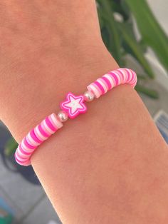 Cute pink clay bead bracelet with pink and white star Trendy Pink Jewelry With Star Charm, Trendy Pink Star-shaped Jewelry, Handmade Pink Star-shaped Jewelry, Trendy Pink Star Bracelet, Pink Star-shaped Beaded Bracelets, Cute Pink Jewelry With Star Charm, Pink Star-shaped Jewelry With Colorful Beads, Trendy Pink Bracelets With Star Charm, Cute Pink Polymer Clay Bracelet