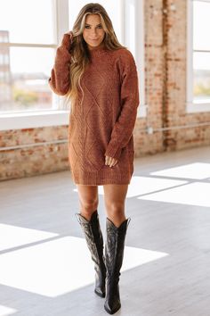 Get cozy and stylish with the Ashley Cable Knit Sweater Dress. With its cable knit design, this dress is perfect for chilly days. Plus, its versatile style makes it a wardrobe staple. Snuggle up and look great, all in one go. Model Info: Models are 5'7", Size 2, wearing smalls Material: 100% Polyester Short Sweater Dress, Fall Sweaters For Women, Fall Sweater Dress, Short Sweater, Cable Knit Sweater Dress, Fall Sweater, Knit Sweater Dress, Cable Knit Sweater, Womens Fall