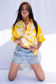 Vintage x Resurrection Hawaiian Oversized Pullover Shirt In Yellow Relaxed Fit Beach Tops With Placket, Oversized Vacation Shirt, Oversized Yellow Tops With Pockets, Oversized Camp Collar Top For Spring, Oversized Yellow Top With Pockets, Oversized Spring Top With Camp Collar, Vintage Button Closure Tops For Day Out, Retro Hawaiian Shirt With Relaxed Fit, Retro Collared Shirt For Day Out