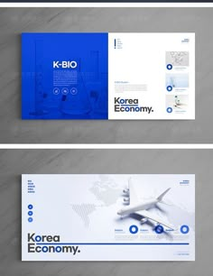 two brochures with blue and white designs on them