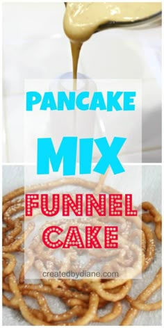 a pancake mix is being drizzled on top of the funnel cake