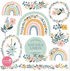 the floral rainbows clipart set includes flowers, leaves and other things in paste colors