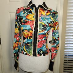 Nwt Vintage Diane Olsen Blung Tropical Zipup Shirt Size Xsmall. Beautiful Bright Colors, Multi Colored Bling. In Excellent Condition Trendy Fitted Tops With All Over Print, Fitted Tops With All Over Print For Spring, Fitted Top With All Over Print For Spring, Fitted Multicolor Print Long Sleeve Blouse, Fitted Long Sleeve Multicolor Print Blouse, Fitted Tops With Bold Print For Summer, Fitted Graphic Print Shirt For Spring, Trendy Long Sleeve Top With Vibrant Print, Casual Fitted Top With Bold Print