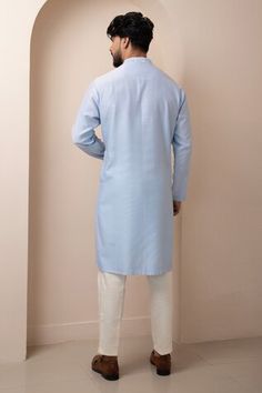 Blue kurta with beads and thread work embroidery. Paired with a plain contrasting straight pant. - Aza Fashions Blue Cotton Sherwani With Dabka Work, Blue Cotton Salwar Kameez With Dori Work, Cotton Sherwani With Dori Work In Straight Kurta Style, Cotton Sherwani With Dori Work And Long Sleeves, Cotton Sherwani With Dori Work, Bollywood Style Blue Sherwani With Embroidered Border, Blue Bollywood Style Sherwani With Embroidered Border, Thread Work Embroidery, Blue Kurta