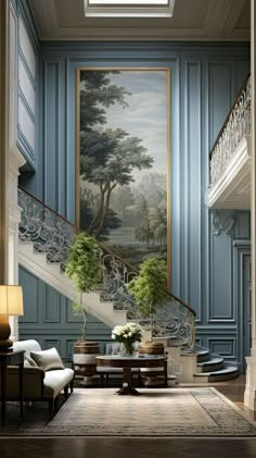 an elegant staircase with blue walls and paintings on the wall